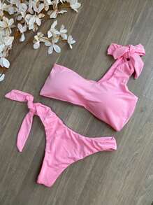 One-Sleeve Bikini With Bow And Delta Wing Beachwear Blogger - 淺粉色 - 查看 2