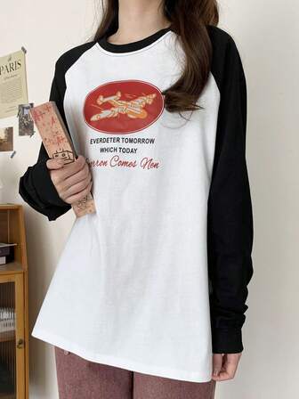 2025 Summer Letter & Airplane Print Color Block Long Sleeve Round Neck T-Shirt, Half Sleeve
