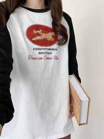 2025 夏季字母与飞机印花拼色长袖圆领T恤，半袖