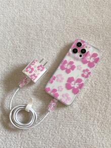 1pc TPU Transparent Flower Pattern Camera Full Coverage Phone Case + 4pcs Charger, Cable Protection Kit (2pcs Cable End Cover, 1pc Charger Head Cover, 1pc Cable Organizer Band) Compatible With IPhone 7/8/7Plus/8Plus/X/XR/XSMax/11/11Pro/11ProMax/12/12Pro/12Mini/12ProMax/13/13Pro/13ProMax/13Mini/14/14Pro/14ProMax/14Plus/15/15Pro/15ProMax/15Plus - Multicolor - View 2