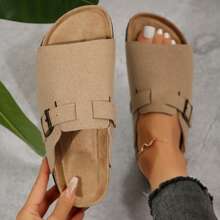 Women's Platform Suede Sandals For Women Soft Cork Footbed Summer Slides With Adjustable Buckle