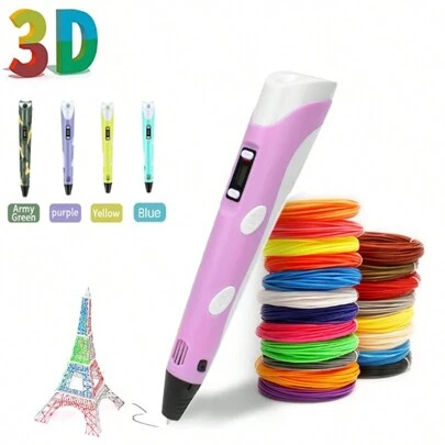 1 set de bolígrafo de impresión 3D azul, impresión a baja temperatura, que incluye bolígrafo 3D, 4 colores aleatorios de 6 metros de filamento PLA, cable USB, regalo de cumpleaños o Navidad para niños y niñas con 120 cm de filamento PLA