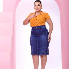 Premium Plus Size Secretarial Jeans Skirt From 46 To 54 - Neblina azul - Ver 2