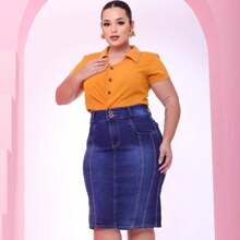 Premium Plus Size Secretarial Jeans Skirt From 46 To 54 - Neblina azul - Ver 3
