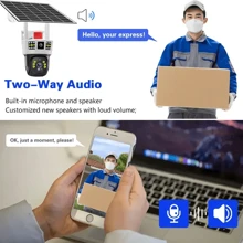 Cámara para exteriores de 12MP, 6K, con ranura para tarjeta SIM 4G, panel solar de 10W a prueba de agua. Cuenta con doble lente, tres pantallas, aplicación inteligente V380PRO. Con clasificación IP66 a prueba de agua y polvo, visión nocturna de alta definición, intercomunicador bidireccional y detección PIR inteligente. - Cámara de ultra alta definición 4G-12MP - Ver 10