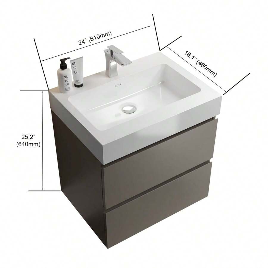 24" Gray Bathroom Vanity With Sink, Large Storage Wall Mounted Floating
