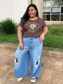 Women's Plus Size Printed T-Shirt V-Neck GG G1 G2 G3, Lightweight Fabric, Great Fit And Comfort. - 摩卡棕 - 查看 4