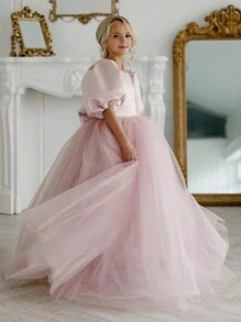 Tween Girl Bowknot Back Deep V Puff Sleeve Mesh Tulle Princess Dress, Suitable For Birthday Party, Easter, Wedding, Flower Girl, Prom, Holiday Occasion - Pink - View 4