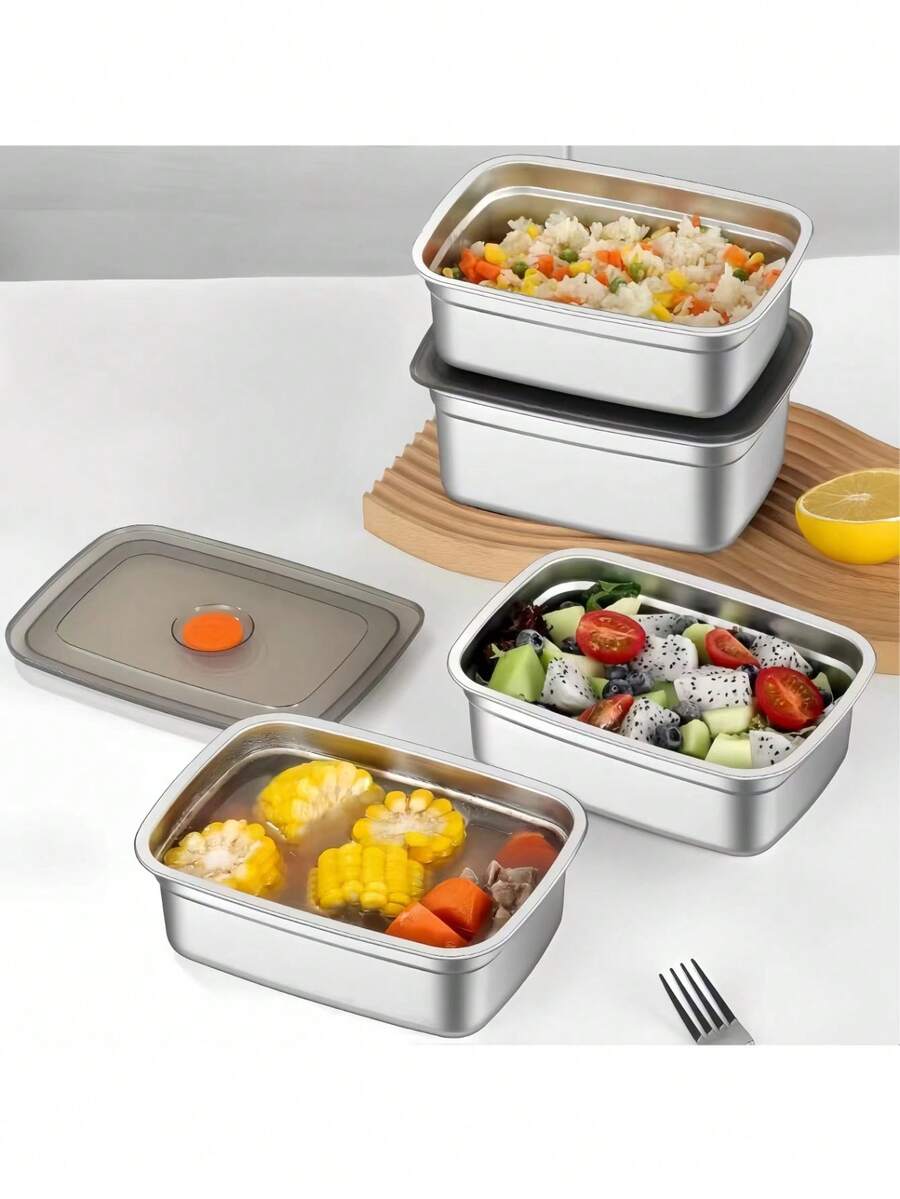 Thick Stainless Steel Food Container, Rectangular Lunch Box For Camping, Picnic, Refrigerator Storage, Hotpot Prep - Silver - View 1