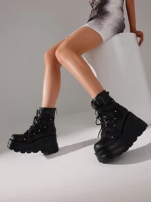 Stunning Goth Chic Platform Ankle Boots Chunky High Heel, Round Toe, Lace Up, Combat Style, Motorcycle Wedges For Women - Black - View 2
