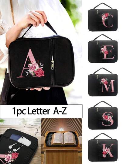 1pc Bible Bag, Rose Deep Pink First Letter Printing, Bible Cover, Bible Folder, Portable Storage Bag, Standard Size Bible Bag With Zipper And Pocket, Used For Bible Learning, Bible Cover, Floral Bible Box, Bible Bag With Handle, Very Suitable For Adult Female Male Bible Learning (Black) (Zipper Position Randomly)