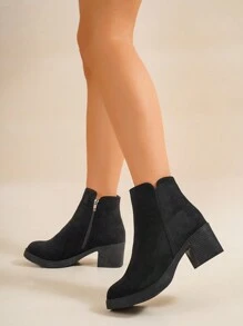 Chic Essential: Square Heel Zip & Elastic Ankle Boots, Radiate Beauty - Black - View 4