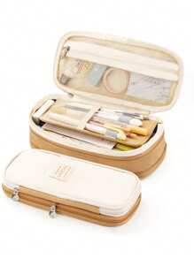 1 pieza Estuche para lápices expandible con compartimentos, Estuches para lápices de gran capacidad Estuche para lápices, Estuche para lápices portátil Organizador de papelería escolar grande, Bolsa de cosméticos para maquillaje - Caqui - Ver 1