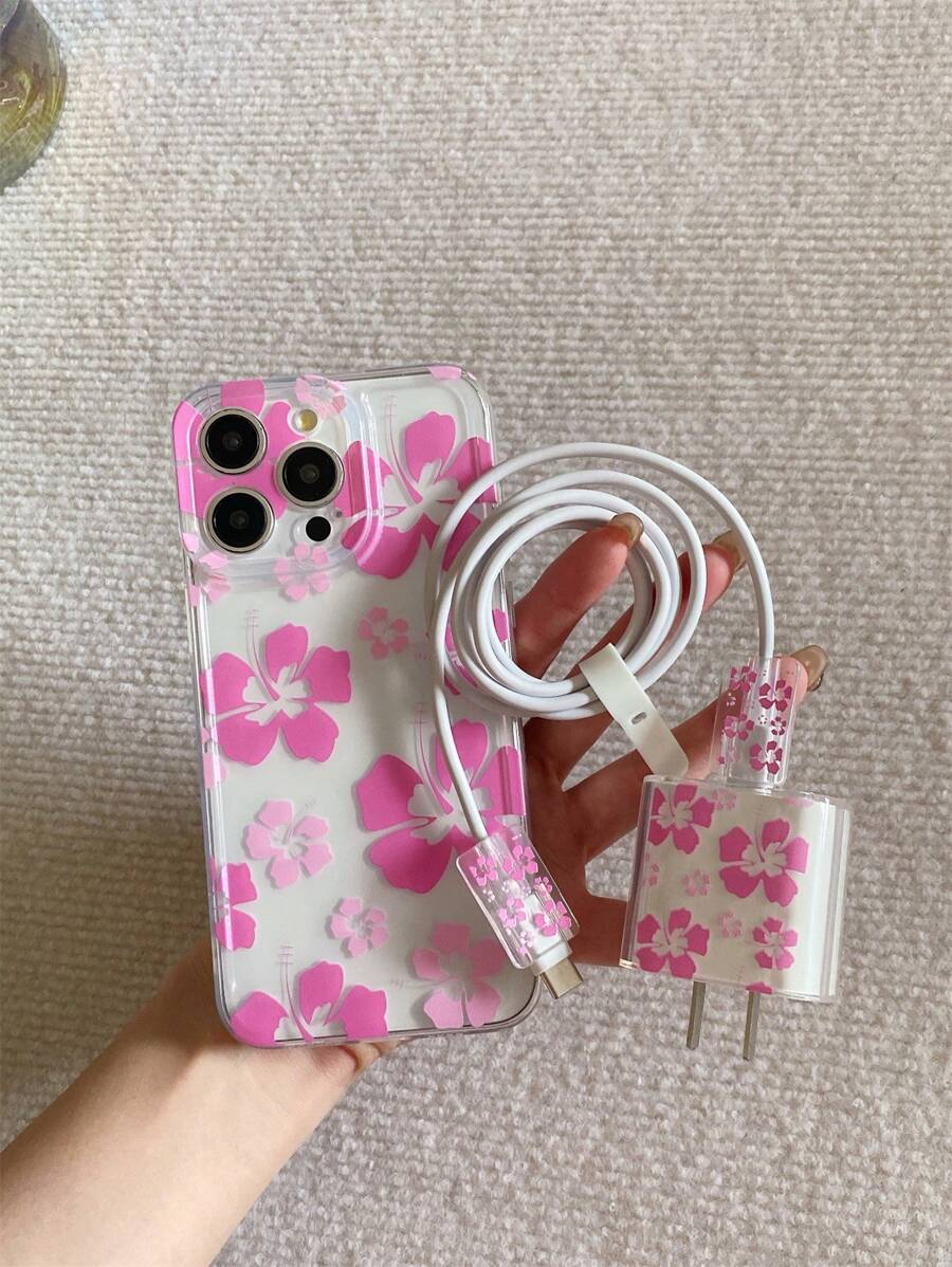 1pc TPU Transparent Flower Pattern Camera Full Coverage Phone Case + 4pcs Charger, Cable Protection Kit (2pcs Cable End Cover, 1pc Charger Head Cover, 1pc Cable Organizer Band) Compatible With IPhone 7/8/7Plus/8Plus/X/XR/XSMax/11/11Pro/11ProMax/12/12Pro/12Mini/12ProMax/13/13Pro/13ProMax/13Mini/14/14Pro/14ProMax/14Plus/15/15Pro/15ProMax/15Plus - Multicolor - View 1