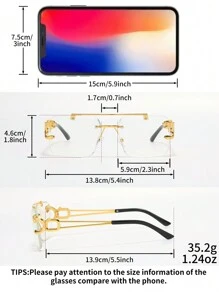 1 pièce Lunettes rectangulaires à monture métallique sans monture, avec décoration tête de tigre, verres transparents. Pour homme, pour l'automne/hiver et Halloween
