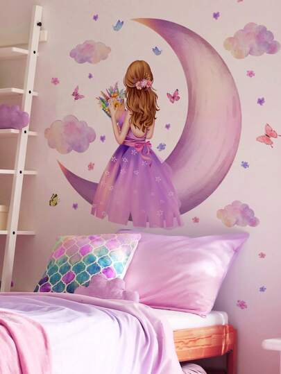 1set/2pcs Moon & Flower Bouquet Design Purple Wall Sticker For Girls' Room, Living Room, Bedroom Decoration, Stickers, Wall Decal, Vinyl Decal For Home Decorations, Spring Decoration Items Refresh Your Home, Rama Decoration Stickers Gifts Birthday Graduation