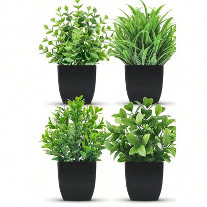 1 Set Of 4 Black Flower Pots With Small Sized Artificial Plants,Athrooms And Bedrooms,With Plastic Eucalyptus And Miniature Wheatgrass Plants,Aesthetic Mini Fake Plants Artificial Potted Eucalyptus Faux Plants For Home Office Farmhouse Bathroom Table Shelf Decor Indoor,Perfect For Indoor Office Desk Artificial Plants Decoration, Valentine Day, Gift,Garden Decor,Outdoor Plant,Gardening,Fake Flowers