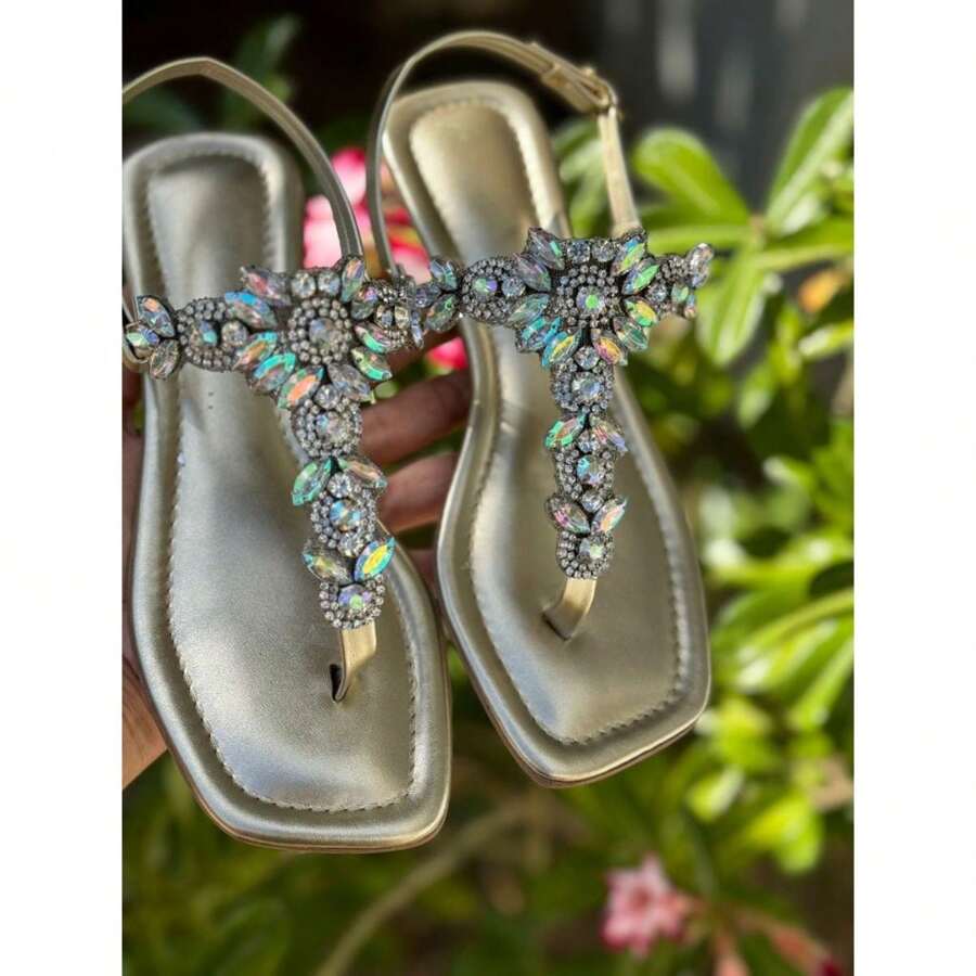 Women's Flat Sandals With Rhinestones, Comfortable, Fashion Blogger - 銀色 - 查看 1