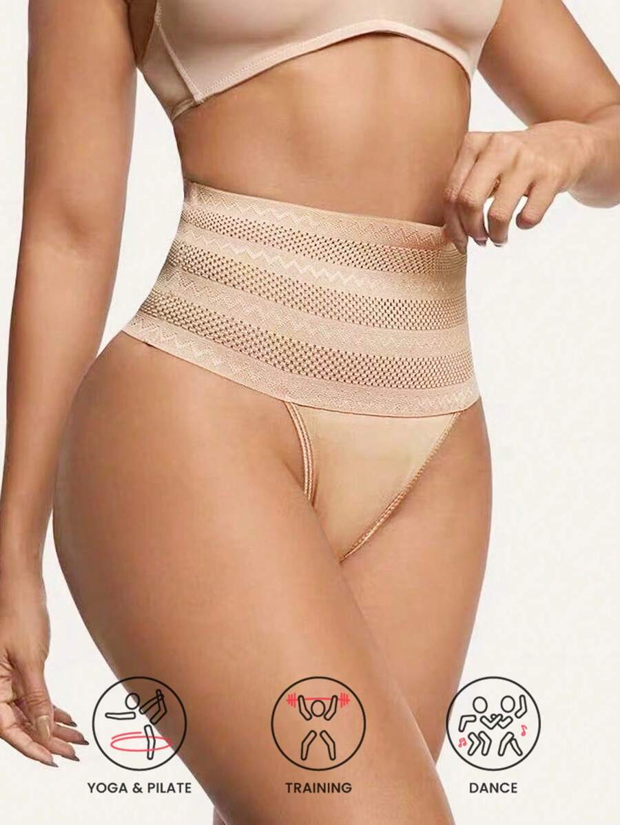 1pc Sports Shaping G-String, Fashionable Sexy High-Waist Shaping Thong Panty, Seamless Shapewear Slimming Shorts, Breathable Lifting Waist Shaping Shorts - Apricot - View 1