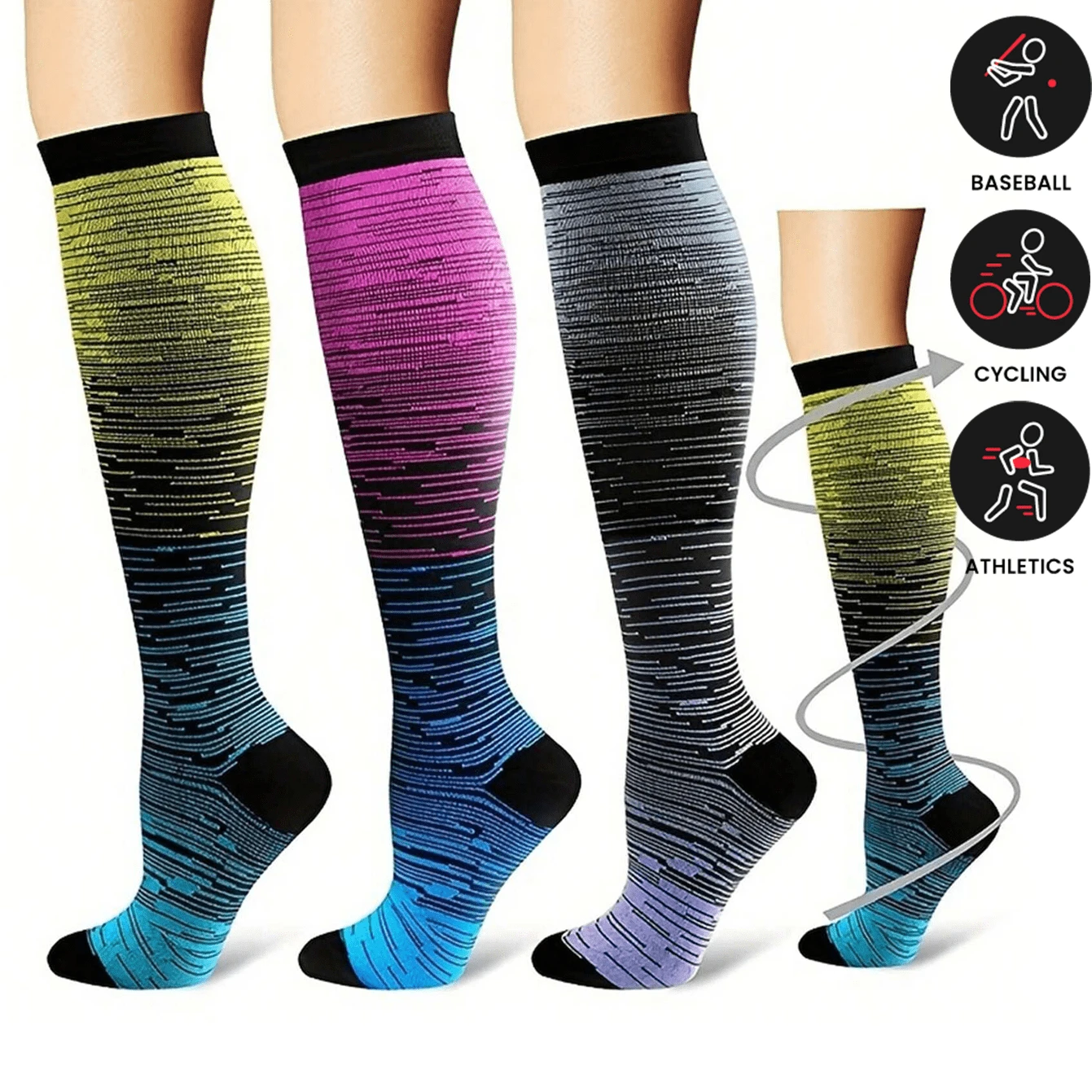 Sports Outdoor 3 Pairs Compression Socks For Men And Women, Knee High Compression Stocking For Sports Running Travel Nurses - Multicolor - View 1