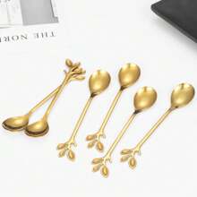 6pcs Gold Color Leaf Dessert Mixing Coffee Spoons Back To School