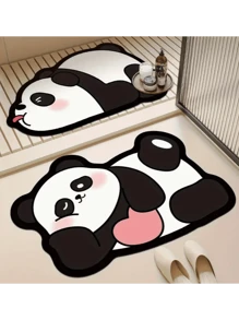 超吸水防滑浴室垫，带有可爱的熊猫设计 - 柔软、快干的硅藻土地毯，适用于淋浴、浴缸和户外使用 - 可机洗，涤纶带橡胶背衬 - 非常适合家庭和浴室装饰 - 黑與白 - 查看 2