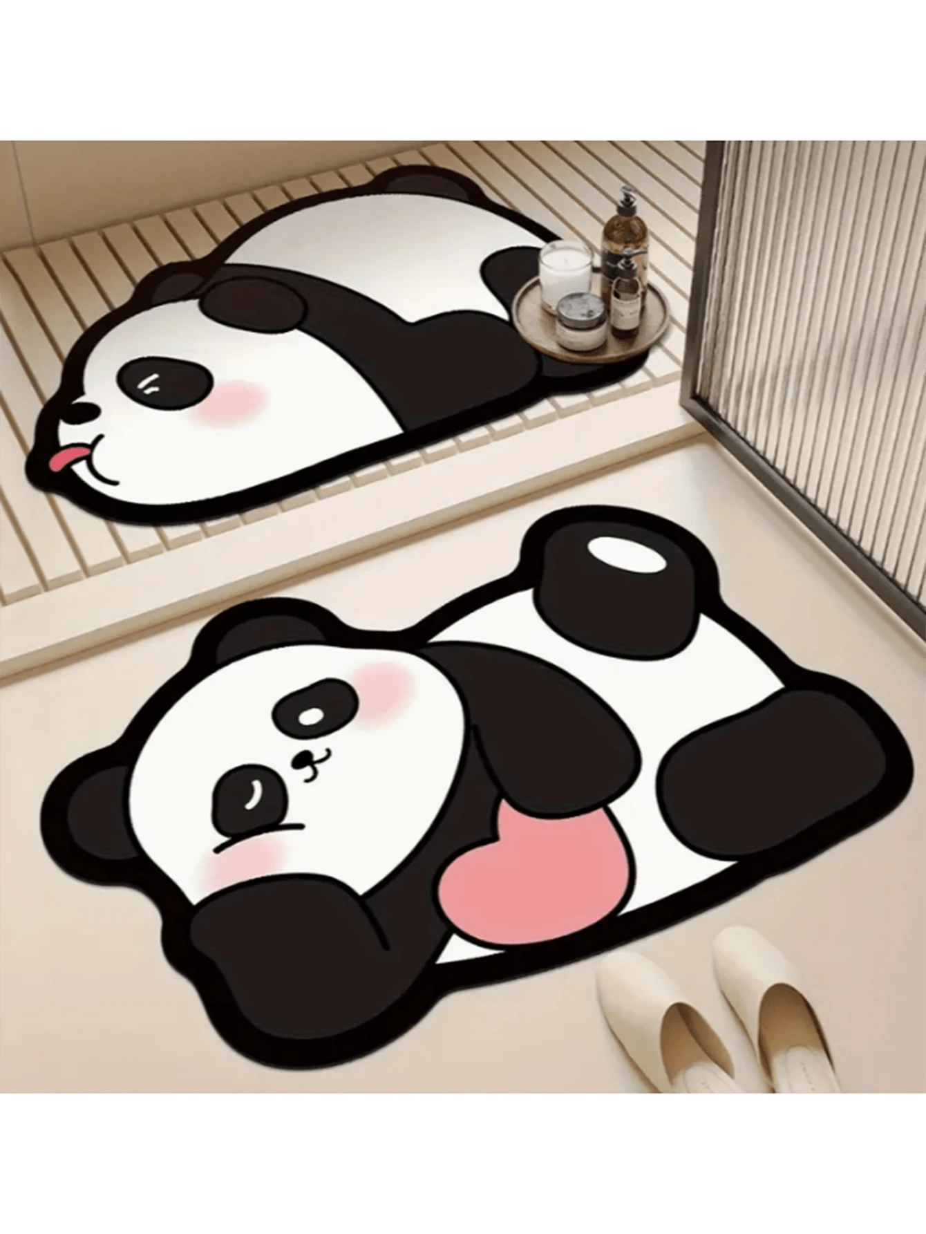 超吸水防滑浴室垫，带有可爱的熊猫设计 - 柔软、快干的硅藻土地毯，适用于淋浴、浴缸和户外使用 - 可机洗，涤纶带橡胶背衬 - 非常适合家庭和浴室装饰