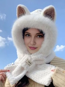 Set de 3 en 1 con gorro con orejas de zorro de peluche, bufanda y calentador de cuello, acogedor para el invierno y Halloween - Multicolor - Ver 3