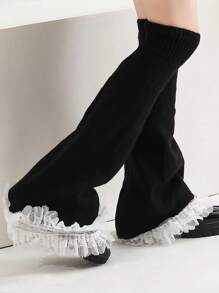1 双女式 Y2K 可爱蕾丝边护腿，纯色，温暖时尚，适合秋冬季 - 黑色 - 查看 1