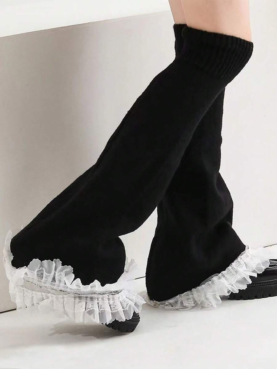 1 双女式 Y2K 可爱蕾丝边护腿，纯色，温暖时尚，适合秋冬季 - 黑色 - 查看 1