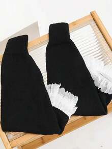 1 双女式 Y2K 可爱蕾丝边护腿，纯色，温暖时尚，适合秋冬季 - 黑色 - 查看 2