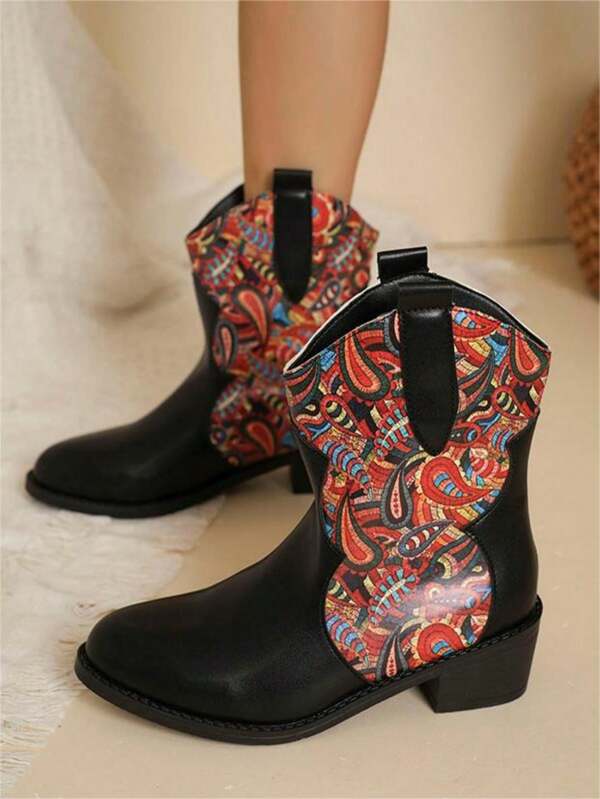 Botas de tac�n grueso con estampado retro y cabeza de calavera, con diseño de empalme de color contrastante, de estilo occidental para uso diario, citas, fiestas de Halloween, festivales de música