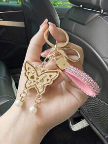 Fashionable Full Rhinestone Pink/Blue Pearl Butterfly Keychain, Elegant Unisex Luxury Car Key Chain, Backpack Pendant, Cute Chic All-Match Jewelry Accessories - one-size - View 7