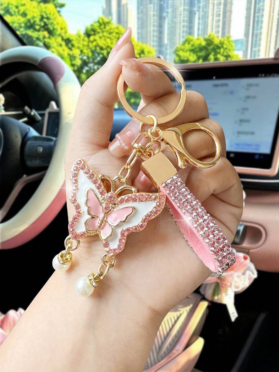 Fashionable Full Rhinestone Pink/Blue Pearl Butterfly Keychain, Elegant Unisex Luxury Car Key Chain, Backpack Pendant, Cute Chic All-Match Jewelry Accessories