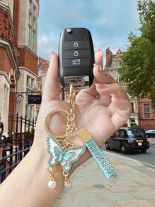 Fashionable Full Rhinestone Pink/Blue Pearl Butterfly Keychain, Elegant Unisex Luxury Car Key Chain, Backpack Pendant, Cute Chic All-Match Jewelry Accessories - one-size - View 5