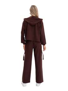 Plain Women's Set Of Hooded Jacket With Cargo-Cut Pockets And Cargo Pants With Adjustable Pockets
