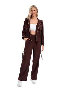 Plain Women's Set Of Hooded Jacket With Cargo-Cut Pockets And Cargo Pants With Adjustable Pockets