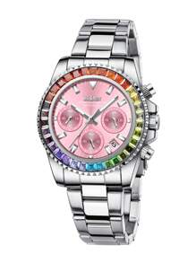 Reloj de mujer elegante y de moda BIDEN, reloj de cuarzo para negocios y ocio, cronógrafo de 12/24 horas, calendario impermeable con luz nocturna, caja arcoíris, correa de acero inoxidable, reloj de mujer + caja
