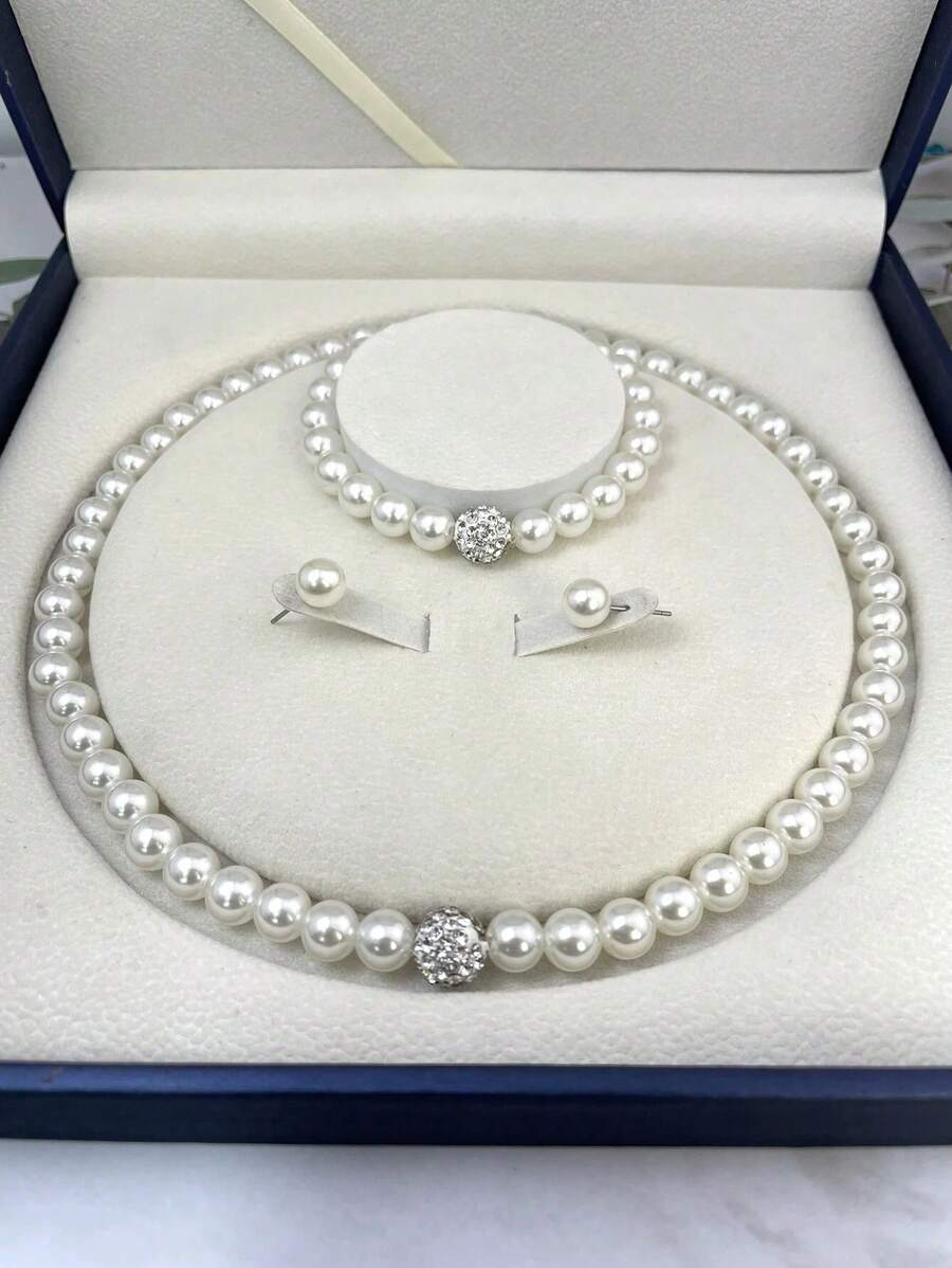 4pcs/Set Imitation Pearl Jewelry Set Including Necklace, Earrings And