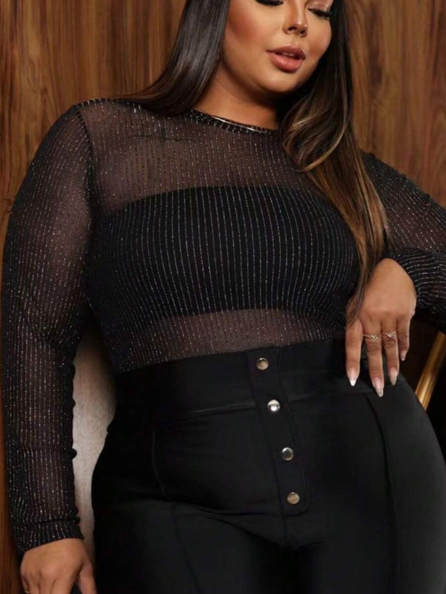 Plus-Size Long Sleeve Tulle Blouse - Bạc - Xem 1