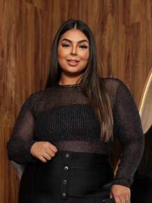 Plus-Size Long Sleeve Tulle Blouse - Bạc - Xem 3