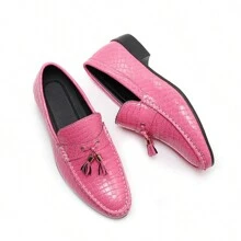 男士一脚蹬乐福鞋，时尚婚鞋，潮流鳄鱼纹 PU 皮革流苏驾驶莫卡辛鞋 - 粉色 - 查看 6