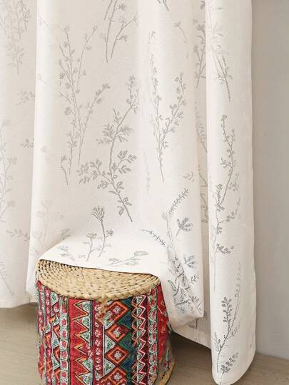 1 件米色法式农舍风格薄纱窗帘，顶部锁环面料设计，适用于客厅、卧室、餐厅