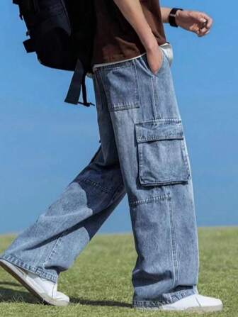 宽松破洞洗水大口袋牛仔裤，适合青少年男孩，休闲直筒牛仔裤，秋冬