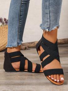 Women's Retro Casual Lightweight Versatile Peep Toe Black Criss-Cross Strap Elastic Hollow Back Zipper Comfortable Round Toe Flat Roman Sandals