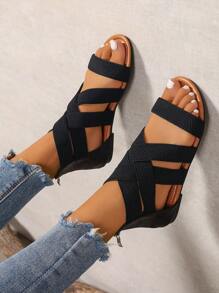 Women's Retro Casual Lightweight Versatile Peep Toe Black Criss-Cross Strap Elastic Hollow Back Zipper Comfortable Round Toe Flat Roman Sandals