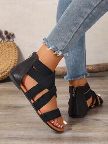 Women's Retro Casual Lightweight Versatile Peep Toe Black Criss-Cross Strap Elastic Hollow Back Zipper Comfortable Round Toe Flat Roman Sandals