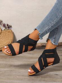 Women's Retro Casual Lightweight Versatile Peep Toe Black Criss-Cross Strap Elastic Hollow Back Zipper Comfortable Round Toe Flat Roman Sandals