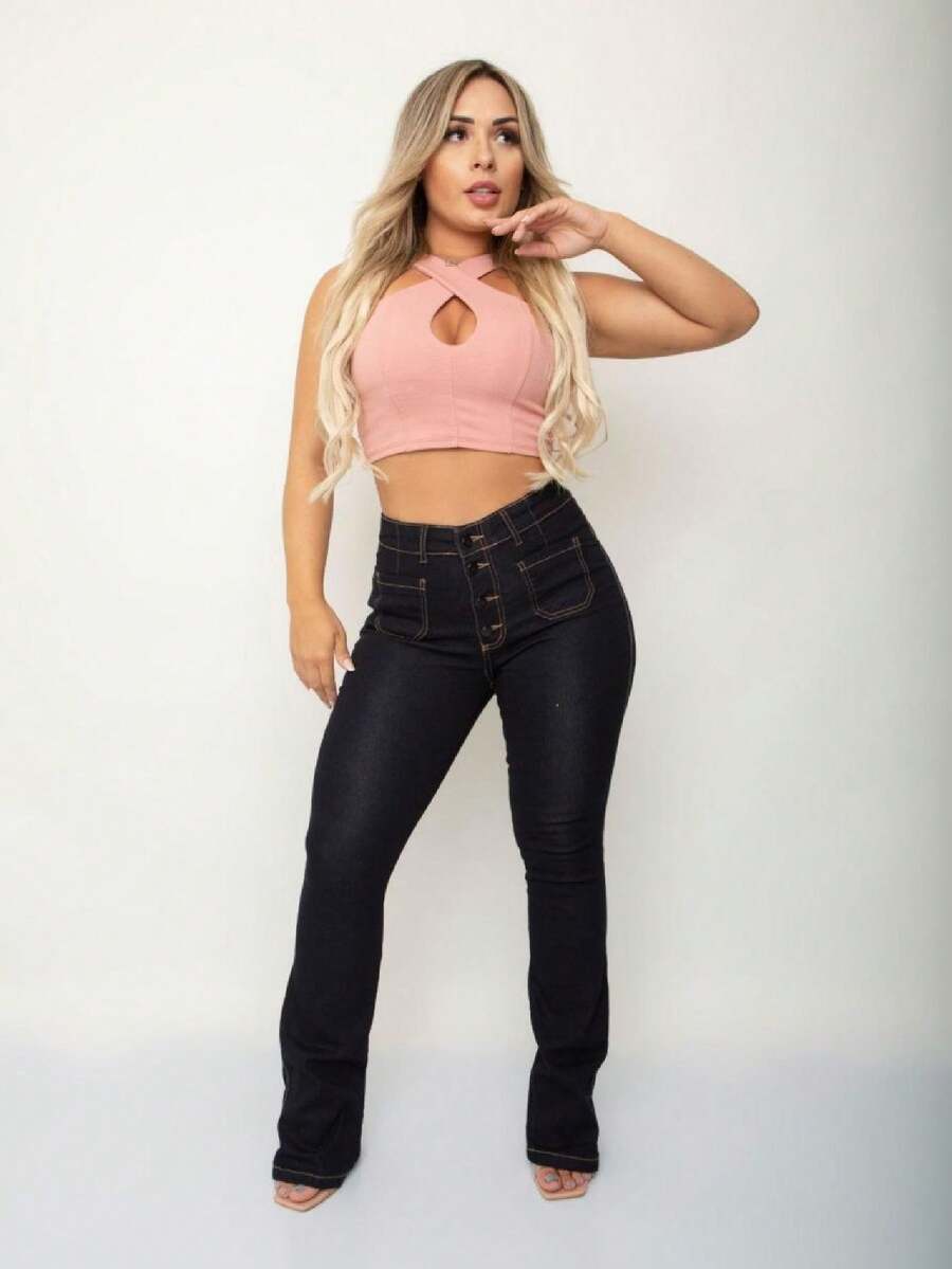 Women's Wide Leg Flare Pants - Rửa tối - Xem 1