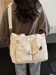 Túi xách tay phong cách retro mới, dung tích lớn, màu trơn thời trang, đa năng dành cho nữ, túi đeo vai tối giản, dây đeo điều chỉnh được, phù hợp cho đi chơi, hẹn hò, mua sắm, đi làm hàng ngày. - trắng - Xem 5